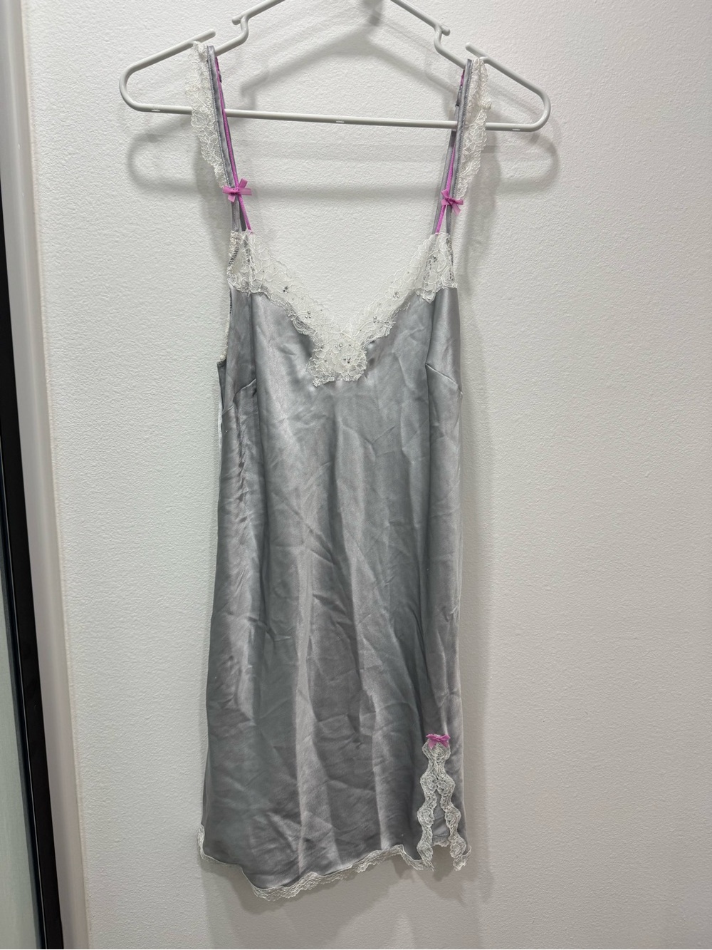 Vintage Victoria’s Secret Silver Satin bow Lace Slip Dress Coquette